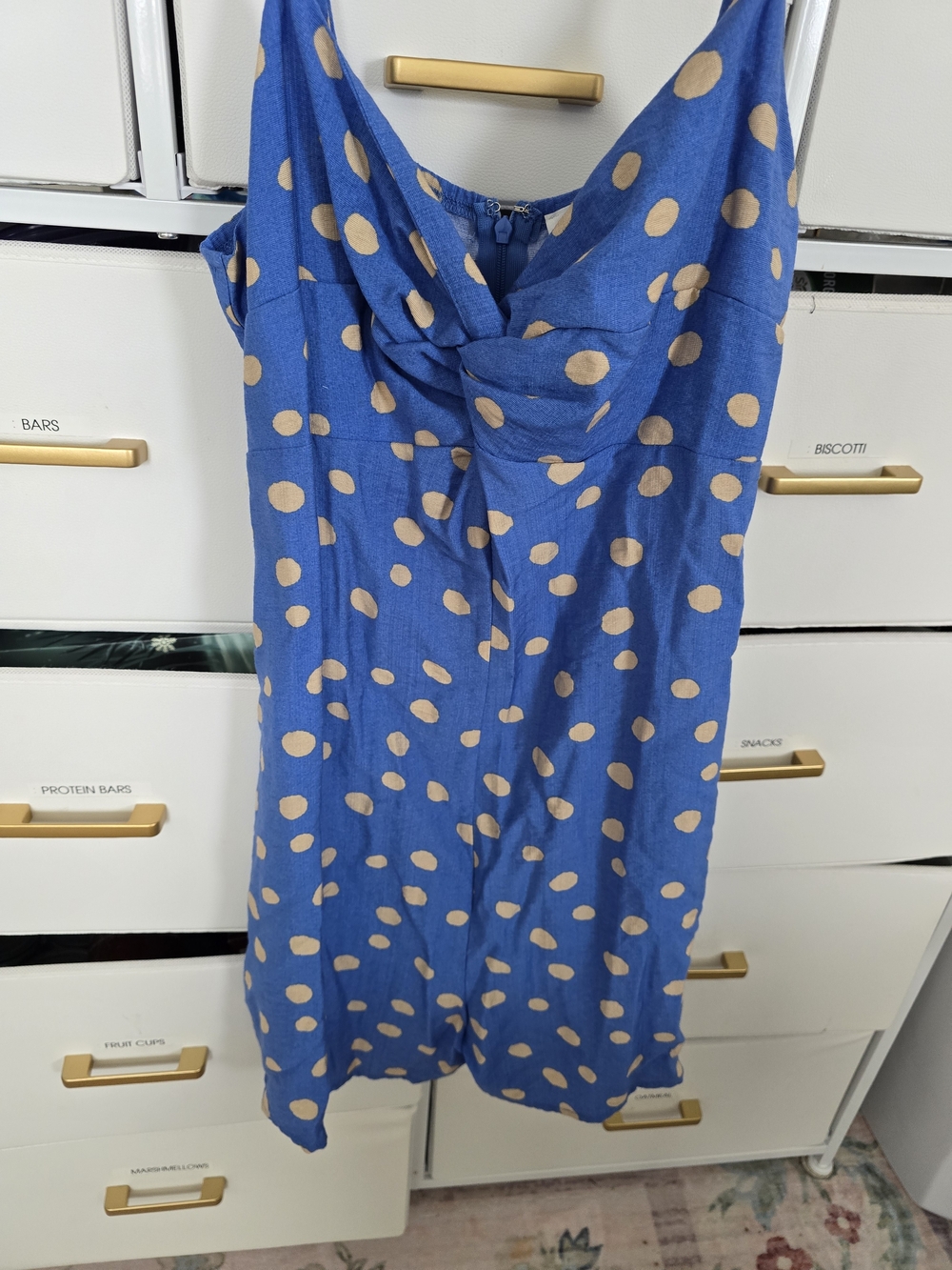 LUSH Blue Romper with Tan Polka Dots
